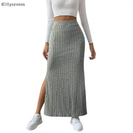 Skirts Women's Elegant Skirt Summer High Waisted Side Slit Slim Knit Daily Casual Wear Hip-hugging Sexy Long Faldas