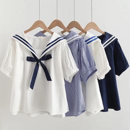 Women's Blouses Summer Women Navy Shirts White Bow Short Sleeve Lady Tops Sailor Collar Pullover Loose Japan Style Female Clothes