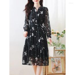 Casual Dresses Summer Black Vintage Midi Floral Chiffon Sundress 2024 Elegant Women Office Dress Party Long Sleeve High Quality