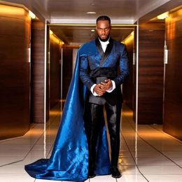 Mens Royal Satin Suits With Cape Formal Party Wear Groom Wedding Tuxedo Evening Blazer Set Double Breasted Prom Dress 3 Pieces 240517