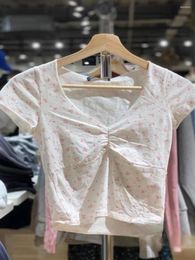 Women's T Shirts Pink Floral Print Folds Crop Top Woman V-Neck Soft Cotton Casual Cropped T-Shirt Female Vintage Sweet Short Sleeve Tee Tops