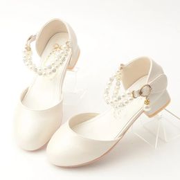 Childrens Girl Leather White Princess High Heels Childrens Dress Student Show Dance Sandals Childrens Shoes Girl Mary Jane 240513