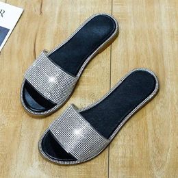 Slippers Design Shiny Crystal Summer Flat Sandals 2024 Women's Casual Open Toe Rhinestone Word Beach Shoes