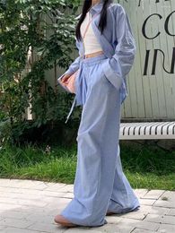 Women's Two Piece Pants Alien Kitty Blue Casual Women Suits Full Sleeve All Match Summer Work Wear 2024 Chic Shirts High Street Wide Leg