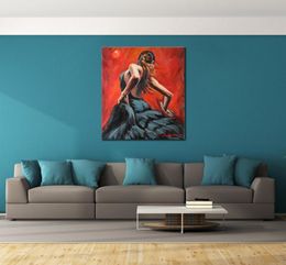 Modern Figure Oil Paintings Spanish Flamenco Dancer in Blue Dress Handmade Woman Canvas Art for Bedroom High Quality4247985