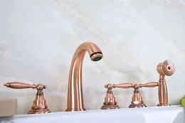 Bathroom Sink Faucets Antique Red Copper Brass Widespread Deck-Mounted Tub 5 Holes Three Handles Basin Faucet Tap Hand Spray Mtf235