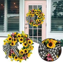 Decorative Flowers Artificial Sunflower Wreath For Front Door Handmade Flower With Bow Spring And Summer Home Patriotic