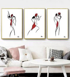 Modern Abstract Dancing Couple Wall Art Canvas Painting Nordic Minimalist Line Drawing Art Painting BlackWhiteRed Poster for Ho2816769