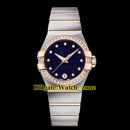 27mm Dream Blue Starry Sky Dial Swiss Quartz Womens Watch Diamond Bezel Two Tone Rose Gold Stainless steel Band Fashion Lady Watches 298q