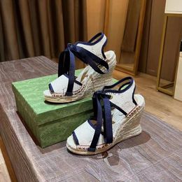 Women Wedge Sandals Designer Espadrilles Sandal Leather straw High Heels With Adjustable Buckle Wedding Dress Shoes 5.17 02
