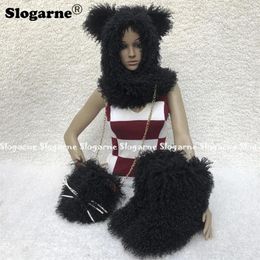 Boots Women Winter Fahsion Mongolia Sheep Fur Snow Faux Purse Bags Cap Hats Plush Warm Fluffy Hairband Ski Sets