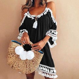 Basic Casual Dresses 2018 SprTassel Mini Dress Summer Bohemian Beach Off Shoulder Vintage Dress Womens Casual Half Sleeves Solid Loose Dress Womens J240516