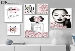 DecorPainting amp Calligraphy Pink Flower Fashion Lady Poster Sliver Lips Makeup Print Canvas Art Painting Wall Picture Modern G8675704