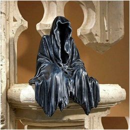 Decorative Objects & Figurines Black Grim Reaper Statue Thrilling Robe Nightcler Resin Desktop Figurine Ornaments Horror Ghost Scpture Dhqb7