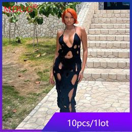 Casual Dresses 10pcs Summer Black Dress For Women Sexy Halter Deep V-neck Backless Y2k Vestido Hollow Out Robe Bulk Items Wholesale Lots