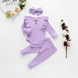 Clothing Sets 0-18M Baby Girl Ruffled -sleeved One-piece Romper Trousers Headband Solid Spring Autumn Set Children Three-piece Suit