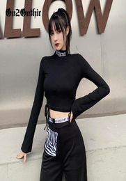 Goth Letter Embroidered Black Crop T Shirt Women Streetwear Sexy Slim Bandage Long Sleeve Turtleneck Crop Top Bodycon Cropped3214632