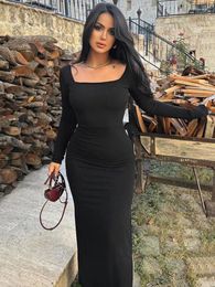 Casual Dresses Mozision Black Lace-up Long Sleeve Maxi Dress For Women Autumn Winter Fashion O Neck Bodycon Elegant Sexy
