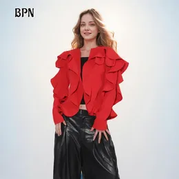 Women's Jackets BPN Fashion Patchwork Ruffle For Women Round Neck Long Sleeve Solid Loose Vintage Temperament Coats Female Clothing