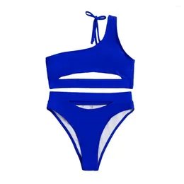 Women's Swimwear Hollow Design Swimsuit One Shoulder Bikini Set With High Waist Swim Briefs Sexy Solid Colour For Summer