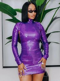 Casual Dresses Women Celebrity Sexy Long Sleeve Backless Purple Mesh Sequins Mini Gowns Dress 2024 Elegant Evening Party Club Vestido