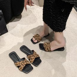 Slippers Shoes For Women 2024 Summer Women's Leopard Print Fashion Wear Outside Ladies One Word Drag Pantuflas De Muje