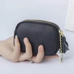 Coin Purses Cute Purse Genuine Leather Women Card Holder Wallet Short Tassel Clutch Fashion Double Zipper Key Chain Pocket