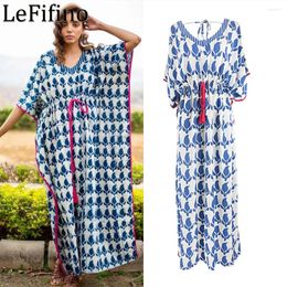 Summer Artificial Cotton Leaf Pattern Loose Size Long Skirt Seaside Vacation Dress Sun Protection Robe Bikini Cover Up For Women