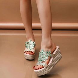 Women Shoes Sandals Ladies Fashion Floral Rhinestone Cutout Platform Wedge Heel Open Toe DressesSandals a442 Dresses