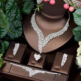 Necklace Earrings Set HIBRIDE Latest Bridal Wedding High Quality Leaf Design CZ Women Anniversary 4pcs And Earring N-1139