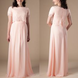 Peach Boho Long Modest Bridesmaid Dresses With Cap Sleeves Lace Top Chiffon Skirt Bohemian Formal Rustic Wedding Party Dress Religious 307g