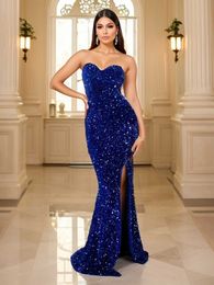 Runway Dresses Romagic Luxury Sequin Strapless Evening Dresses Prom Gown Stretch Velvet Sexy Slit Leg Padded Long Cocktail Party Dress 2024 T240518