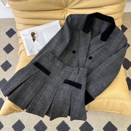 Work Dresses 2024 Autumn/Winter Dark Grey Chequered Contrast Turndown Collar Coat A-line Pleated Skirt Two Piece Sets
