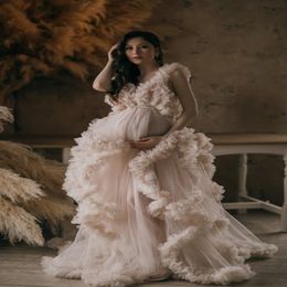 Fashion Maternity Dress for Photoshoot or Babyshower Puffy Ruffled Tulle Long Prom Dresses Plus Size Draped Photo Prop Dress 2476