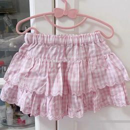 Skirts 2024 Korean Style Pink Plaid Print Pleated Mini Skirt Sweet Kawaii A Line Patchwork High Waist School Girls Y2K Soft Girl
