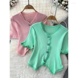 Women's T Shirts Sweet Knit Short Sleeves T-shirt Women 2024 Summer Pink Style Unique Top Design Flower Button Casual V-neck Base Shirt