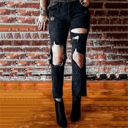 Women's Jeans Streetwear Long Pants For Women High Waist Waisted Destroyed Hem Ripped Hole Denim Trousers