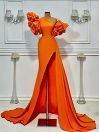 Party Dresses 242 Orange One-Shoulder Natural A-Line Floor-Length Long Evening Dresses/Birthday Wedding Prom Gowns Split