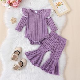 Clothing Sets Toddler Baby Girls Autumn Winter Warm Clothes Suit Casual Purple Knitted Sweater Bell Bottom Trousers Children Set