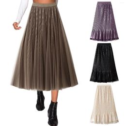 Skirts Vintage Tulle Mesh Skirt Women Elastic High Waist Pleated Elegant Korean A Line Office Ladies Midi Streetwear