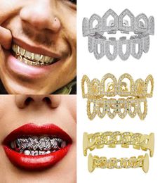 18K Real Gold Diamond Hollow Teeth Grillz Dental Mouth Iced Out Fang Grills Braces Tooth Cap Vampire Full Diamond Punk Hip Hop Rap6771179