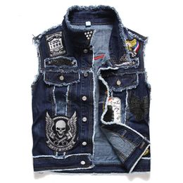 Mens Punk Style Denim Vests Skull Embroidery Sleeveless Waistcoat Jacket Streetwear Hip Hop Jeans Vest 240513