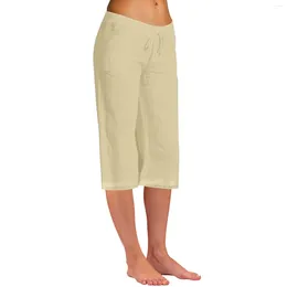 Women's Pants For Women 2024 Fashion Solid Colour Cotton Flax Elastic Long Beach Leisure Trousers Crop Length Woman