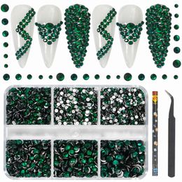 HNUIX Luxury Shini 3D Diamond Dark green multisize Nail Rhinestones Flatback Charms Flat Bottom Crystals Art Decoration Gem Kit 240430