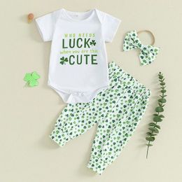 Clothing Sets 2024-11-17 Lioraitiin 0-12M Baby Girls Irish Set Letter Print Short Sleeves Romper And Shamrock Pants Headband Outfit