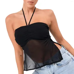 Women's Tanks Sexy Strapless Camis Perspective Mesh Pleated Tube Tank Tops Spring Summer Lightweight Hanging Vests Tunic Camisas