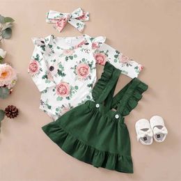 Clothing Sets 0-12 months old newborn baby girl 3-piece set of floral long sleeved top+hanging skiing+fashionable spring/summer day wear on the head J240518