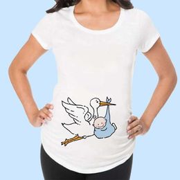 Maternity Tops Tees Cartoon Bird Baby Maternity Thermal Clothes Short Sleeve White T-Shirt Printed Pregnancy Clothing For Pregnant Women Y240518