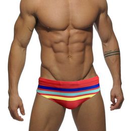 Men's Swimwear Sexy Mens Swimwear Bikini Pad Rainbow Striped Swimming Surf Briefs Quick Dry Beach Board Shorts Gay Male Sport Bathing Trunks Y240517MTXB