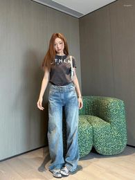 Women's Jeans Street Style Trendy With Retro Personality Waistband Slim Fit And Slimming Effect Straight Leg Floor Mop Pants